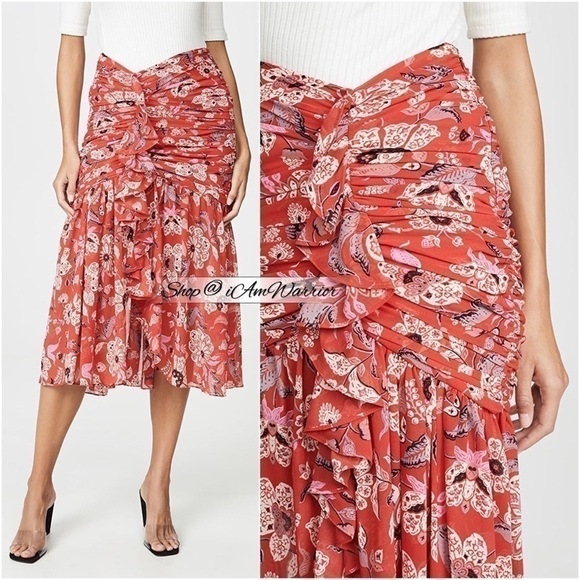 Cinq a Sept NWT ruched ruffle floral cherry red midi skirt *Shop@iAmWarrior - Picture 5 of 13